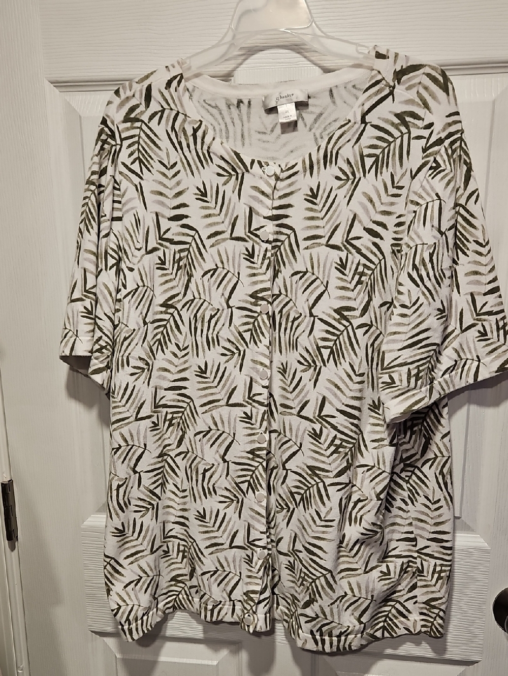 CJ Banks White Cardigan with Olive Green Leaf Print